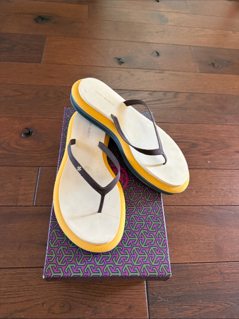 Tory Burch Yellow Platform Flip Sandals with Brown Straps